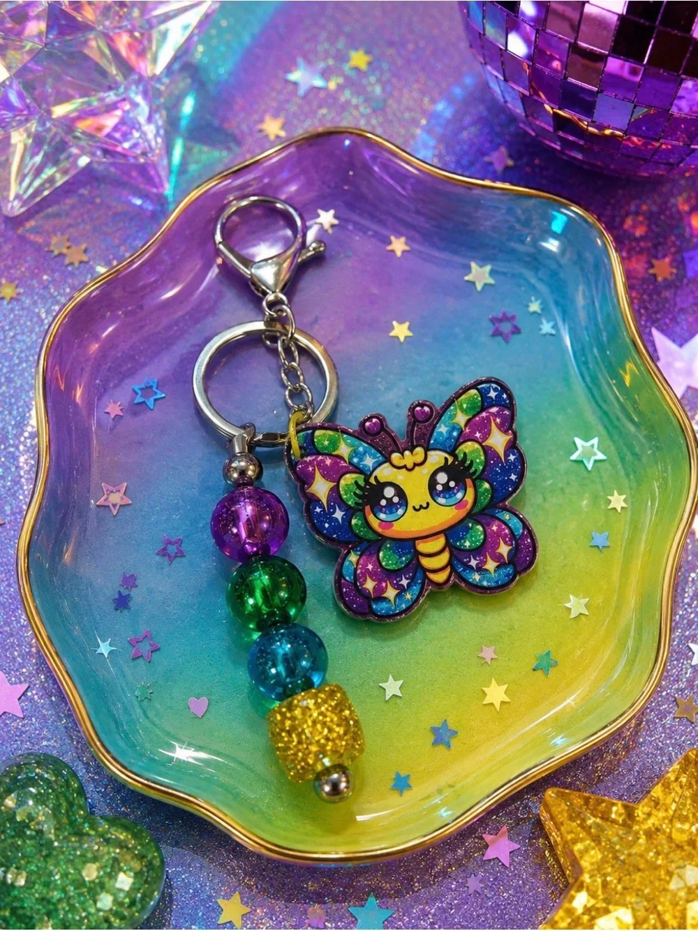 Hand Crafted Purple Yellow, & Green Rainbow Butterfly Keychain